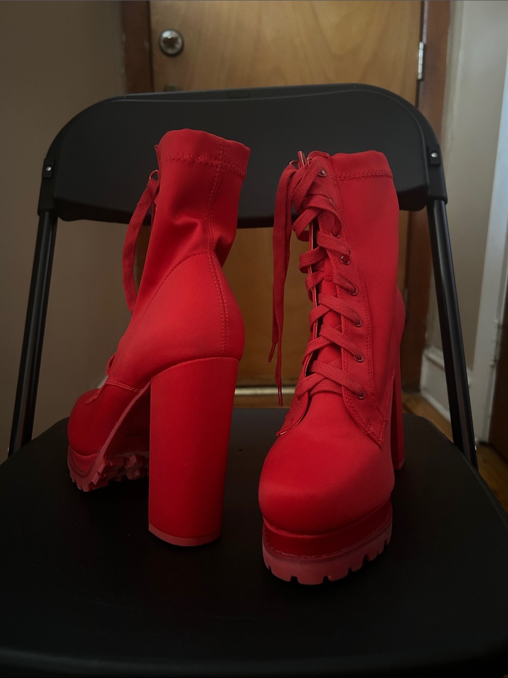 Women's Red Lace-Up Platform Ankle Boots with Chunky Heel